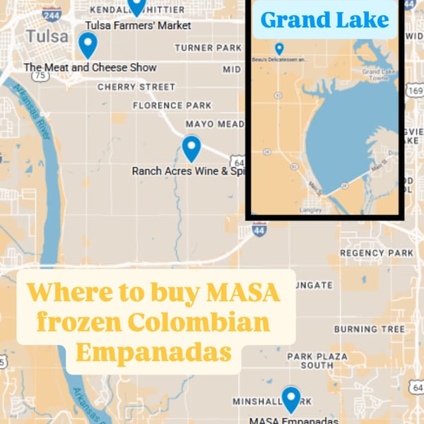 Map showing locations in Tulsa and Grand Lake where MASA frozen Colombian Empanadas are sold.