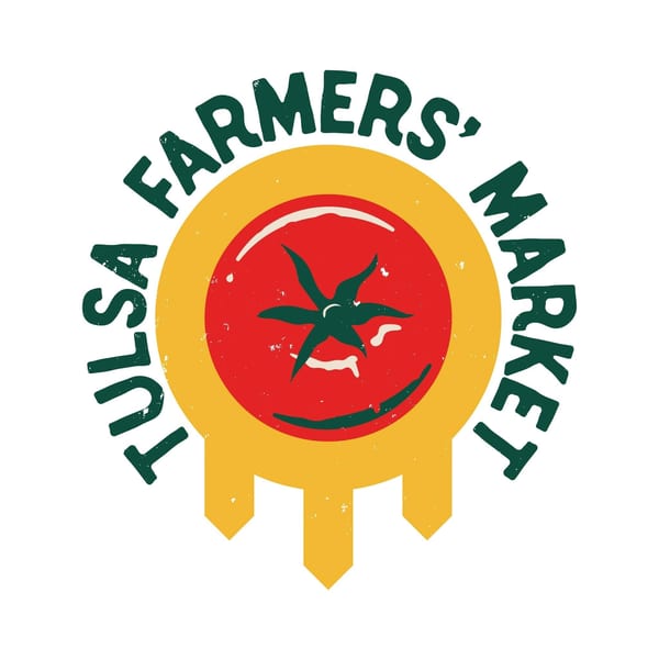 Tulsa Farmers' Market logo featuring a red tomato with green leaves inside a yellow banner.
