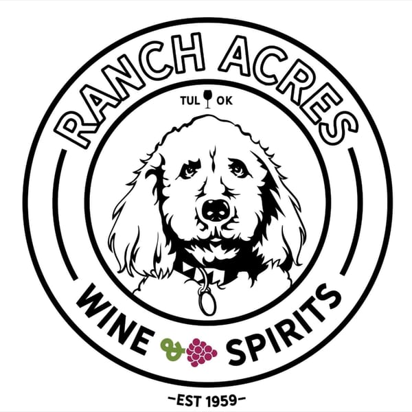 Black and white logo for Ranch Acres Wine & Spirits, featuring a dog's head and grapes.